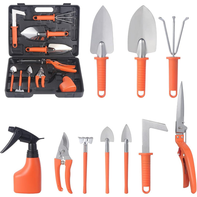 10 Unelte de Gradina, pentru Plantare Prelucrare Sol si Ingrijire Plante, Manere Portocalii, Material PVC si Otel Inoxidabil, Inclusa
