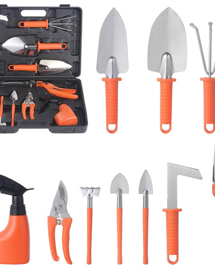 10 Unelte de Gradina, pentru Plantare Prelucrare Sol si Ingrijire Plante, Manere Portocalii, Material PVC si Otel Inoxidabil, Inclusa