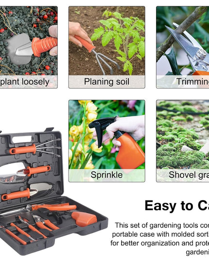 10 Unelte de Gradina, pentru Plantare Prelucrare Sol si Ingrijire Plante, Manere Portocalii, Material PVC si Otel Inoxidabil, Inclusa