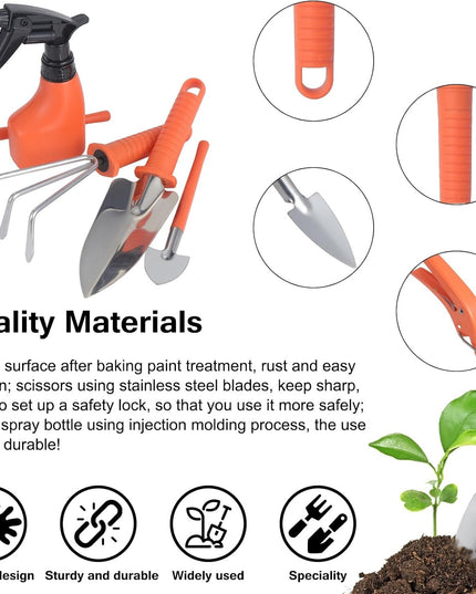 10 Unelte de Gradina, pentru Plantare Prelucrare Sol si Ingrijire Plante, Manere Portocalii, Material PVC si Otel Inoxidabil, Inclusa