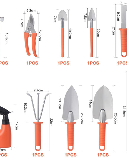 10 Unelte de Gradina, pentru Plantare Prelucrare Sol si Ingrijire Plante, Manere Portocalii, Material PVC si Otel Inoxidabil, Inclusa