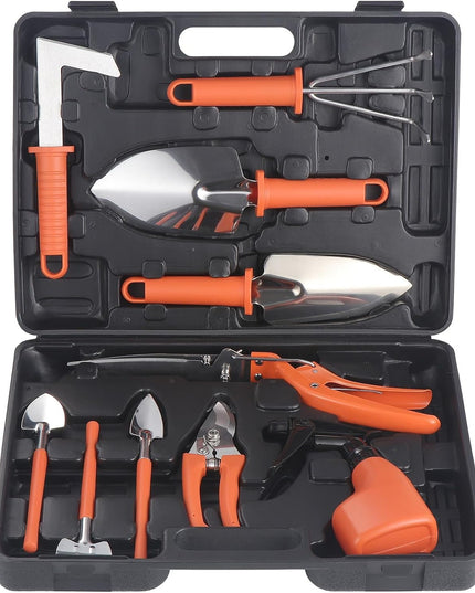 10 Unelte de Gradina, pentru Plantare Prelucrare Sol si Ingrijire Plante, Manere Portocalii, Material PVC si Otel Inoxidabil, Inclusa