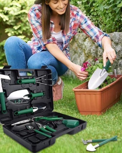 10 Unelte de Gradina, pentru Plantare Prelucrare Sol si Ingrijire Plante, Manere Verzi, Material PVC si Otel Inoxidabil, Inclusa