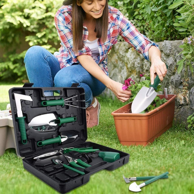 10 Unelte de Gradina, pentru Plantare Prelucrare Sol si Ingrijire Plante, Manere Verzi, Material PVC si Otel Inoxidabil, Inclusa