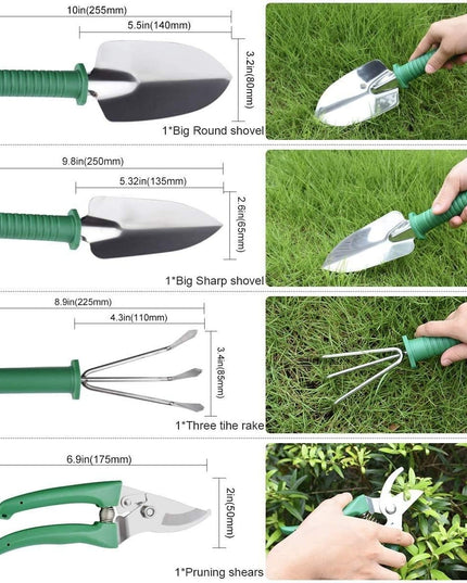 10 Unelte de Gradina, pentru Plantare Prelucrare Sol si Ingrijire Plante, Manere Verzi, Material PVC si Otel Inoxidabil, Inclusa