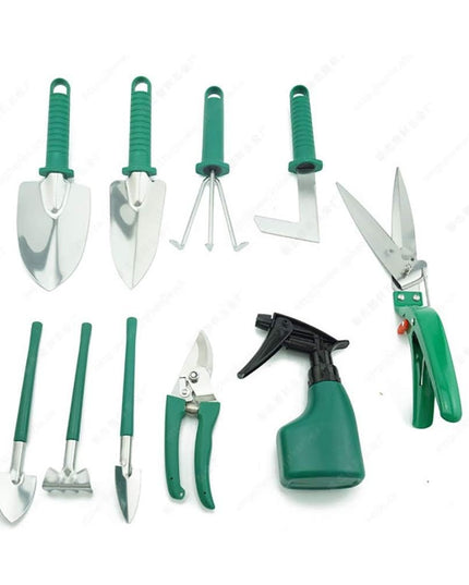 10 Unelte de Gradina, pentru Plantare Prelucrare Sol si Ingrijire Plante, Manere Verzi, Material PVC si Otel Inoxidabil, Inclusa