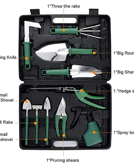 10 Unelte de Gradina, pentru Plantare Prelucrare Sol si Ingrijire Plante, Manere Verzi, Material PVC si Otel Inoxidabil, Inclusa
