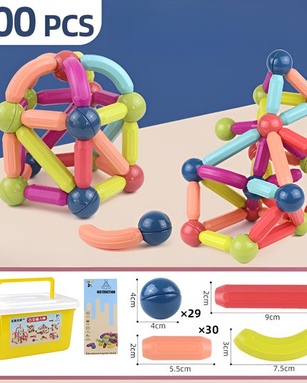 Set 100 Piese Magnetice de Constructie, Magnetic Sticks, Bastonase si Bile, 3 Ani, ABS, Magnet, 24 x 18.5 x 14 cm