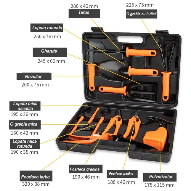 12 accesorii pentru gradinarit geanta depozitare inclusa, otel inoxidabil