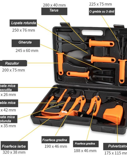 12 accesorii pentru gradinarit geanta depozitare inclusa, otel inoxidabil