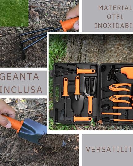 12 accesorii pentru gradinarit geanta depozitare inclusa, otel inoxidabil