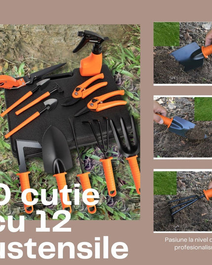 12 accesorii pentru gradinarit geanta depozitare inclusa, otel inoxidabil