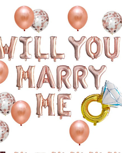 Set baloane decorative WILL YOU MARRY ME, set din 12 piese, 10 baloane latex, 1 set Marry me, 1 balon folie inel, Rose Gold