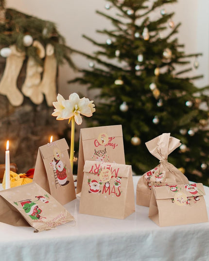 12 Pungi de Cadou, Tema Craciun, 12 Stickere Incluse,din Hartie