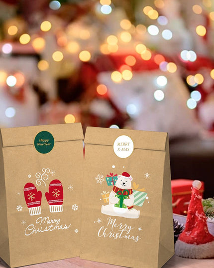 12 Pungi de Cadou, Tema Craciun, 12 Stickere Incluse,din Hartie