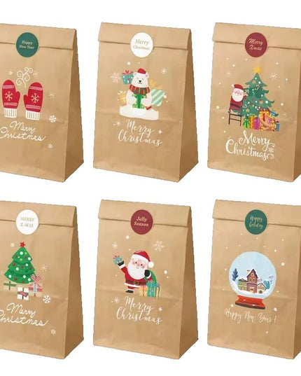 12 Pungi de Cadou, Tema Craciun, 12 Stickere Incluse,din Hartie