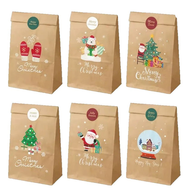 12 Pungi de Cadou, Tema Craciun, 12 Stickere Incluse,din Hartie