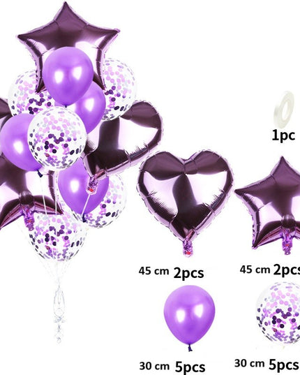 Set 14 Baloane din Folie Metalizată si din Latex, Figurine Stea si Inima 45 cm, Baloane Latex 30 cm, Tema Buchet, Ambalaj Individual, Pai Inclus, Umflare cu Aer sau Heliu