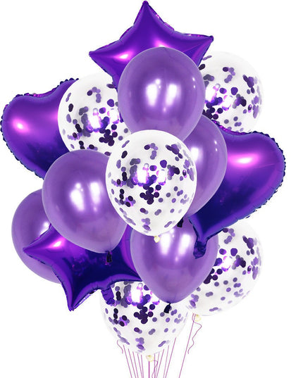 Set 14 Baloane din Folie Metalizată si din Latex, Figurine Stea si Inima 45 cm, Baloane Latex 30 cm, Tema Buchet, Ambalaj Individual, Pai Inclus, Umflare cu Aer sau Heliu