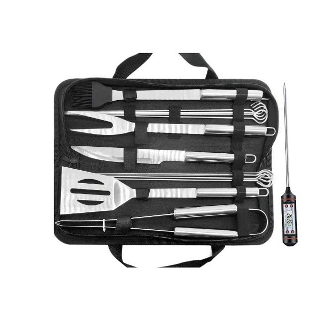 14 Ustensile pentru Gratar cu Termometru, din Otel Inoxidabil, Geanta Oxford