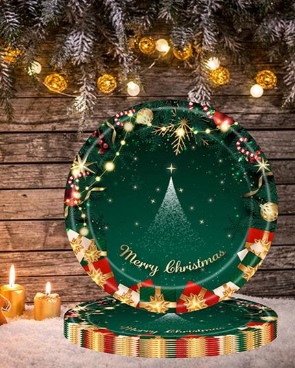 16 Farfurii de Unica Folosinta, Model Brad de Craciun Merry Christmas, Tematica Craciun