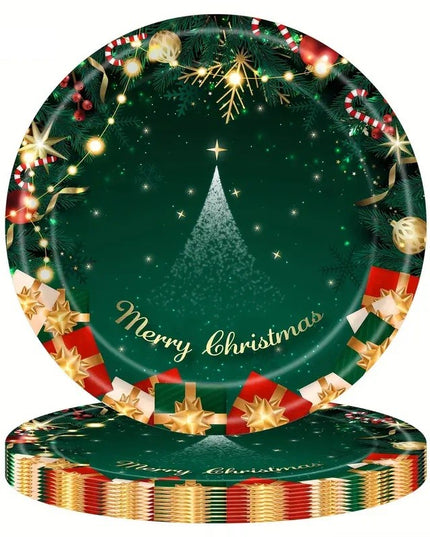 16 Farfurii de Unica Folosinta, Model Brad de Craciun Merry Christmas, Tematica Craciun