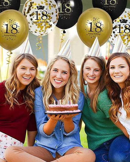 18 Baloane Majorat, din Latex, Metalizate, Mesaj 18 Happy Birthday,cu Confetti