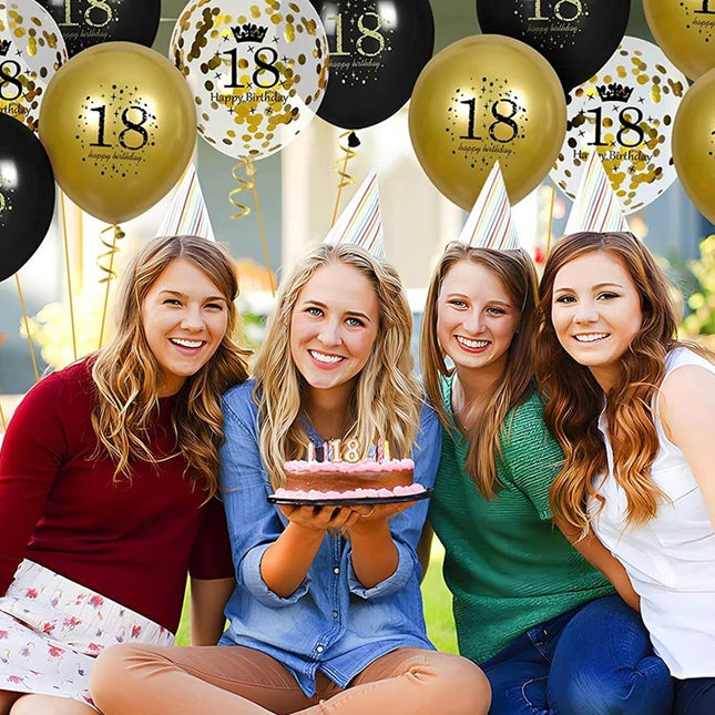 18 Baloane Majorat, din Latex, Metalizate, Mesaj 18 Happy Birthday,cu Confetti