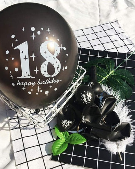 18 Baloane Majorat, din Latex, Metalizate, Mesaj 18 Happy Birthday,cu Confetti