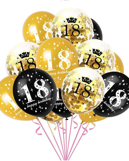 18 Baloane Majorat, din Latex, Metalizate, Mesaj 18 Happy Birthday,cu Confetti
