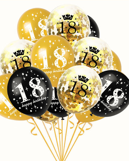 18 Baloane Majorat, din Latex, Metalizate, Mesaj 18 Happy Birthday,cu Confetti