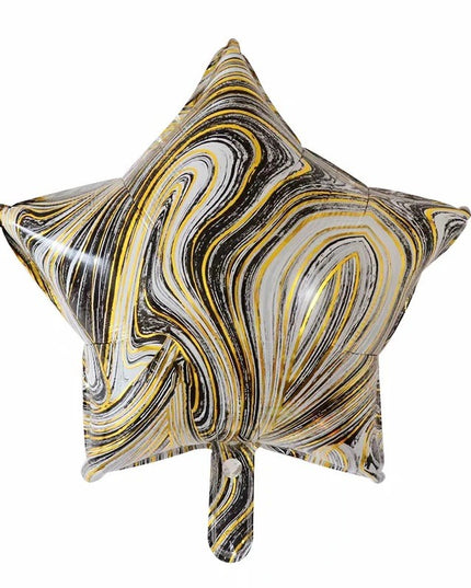 2 Baloane din Folie Metalizata, Figurine Inima si Stea, Model Marmura,Ambalaj Individual, Pai Inclus, Umflare cu Aer sau Heliu