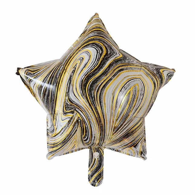 2 Baloane din Folie Metalizata, Figurine Inima si Stea, Model Marmura,Ambalaj Individual, Pai Inclus, Umflare cu Aer sau Heliu