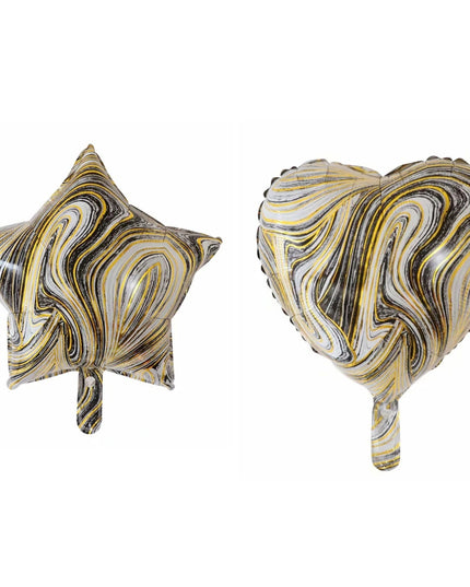 2 Baloane din Folie Metalizata, Figurine Inima si Stea, Model Marmura,Ambalaj Individual, Pai Inclus, Umflare cu Aer sau Heliu