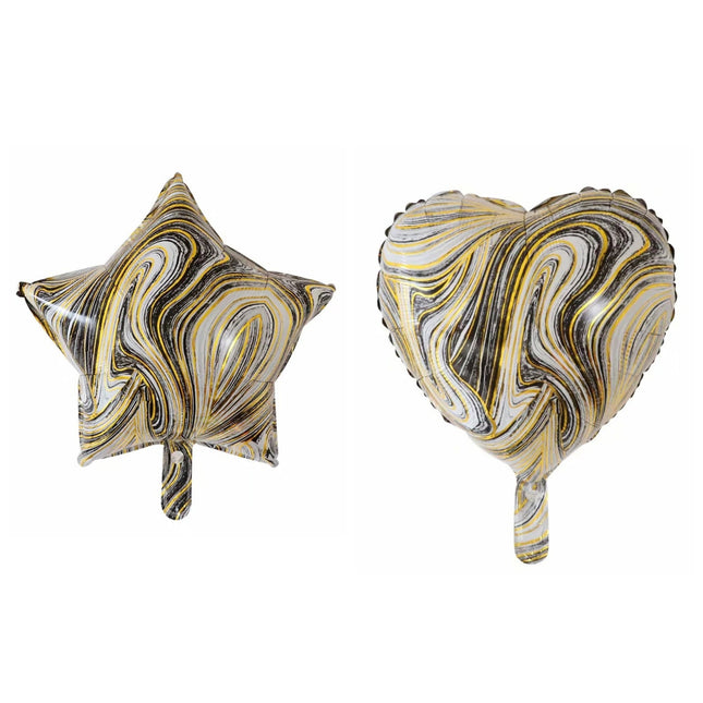 2 Baloane din Folie Metalizata, Figurine Inima si Stea, Model Marmura,Ambalaj Individual, Pai Inclus, Umflare cu Aer sau Heliu