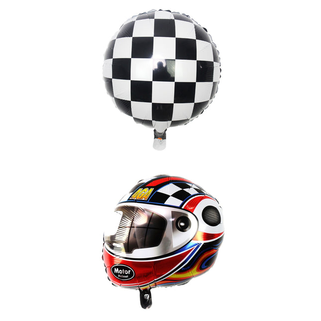 2 Baloane din Folie Metalizata, Figurine Cerc si Casca, Model Curse, 75- cm, Ambalaj Individual, Pai Inclus, Umflare cu Aer sau Heliu