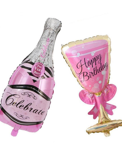 2 Baloane din Folie Metalizata, tematica Aniversare HAPPY BIRTHDAY, Figurine Model Sticla de Sampanie si Pahar