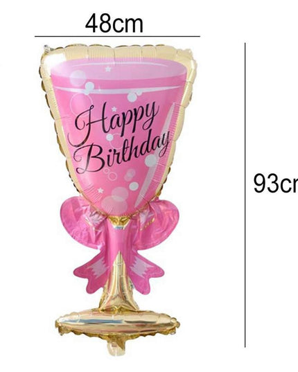 2 Baloane din Folie Metalizata, tematica Aniversare HAPPY BIRTHDAY, Figurine Model Sticla de Sampanie si Pahar
