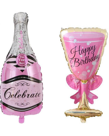 2 Baloane din Folie Metalizata, tematica Aniversare HAPPY BIRTHDAY, Figurine Model Sticla de Sampanie si Pahar