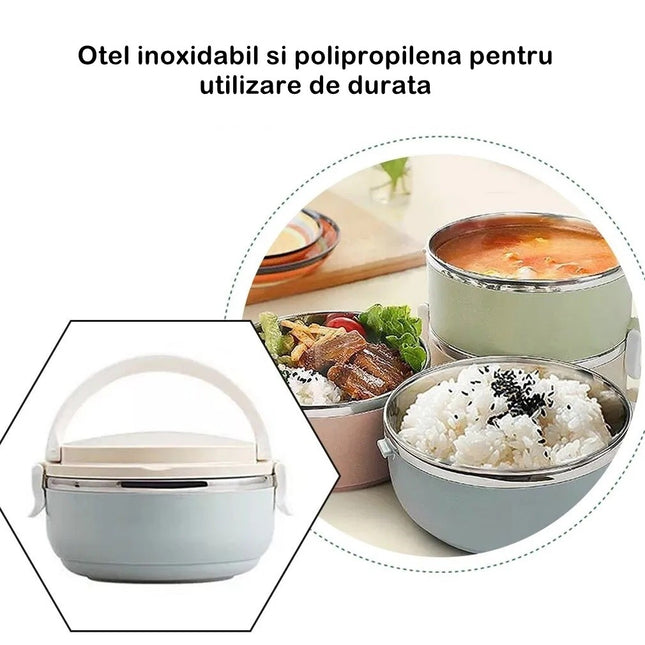 2 Caserole pentru alimente lunch box, 1400 ml, otel inoxidabil, maner, valva aerisire,inchidere etansa