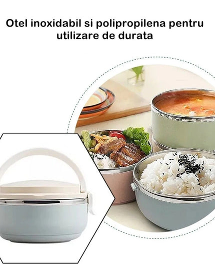 2 Caserole pentru alimente lunch box, 1400 ml, otel inoxidabil, maner, valva aerisire,inchidere etansa