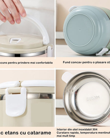 2 Caserole pentru alimente lunch box, 1400 ml, otel inoxidabil, maner, valva aerisire,inchidere etansa
