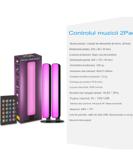 2 Lampi de Birou, RGB Colorat, 28 LED, Putere 5V, Telecomanda cu 24 de Taste, Cablu USB