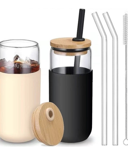 2 Pahare din Sticla Termoizolante Transparente, Capace si Paie Incluse, 500 mL, Silicon