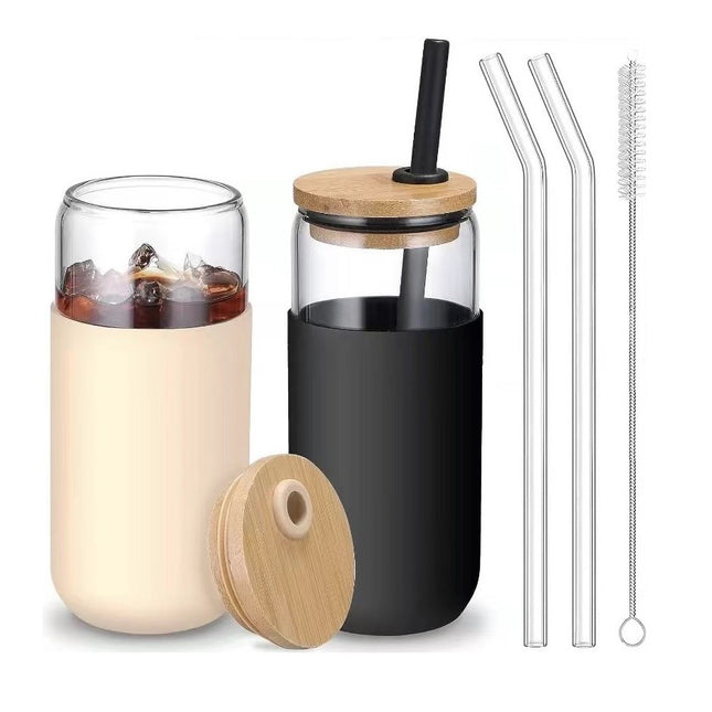 2 Pahare din Sticla Termoizolante Transparente, Capace si Paie Incluse, 500 mL, Silicon