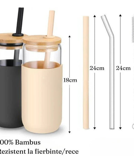 2 Pahare din Sticla Termoizolante Transparente, Capace si Paie Incluse, 500 mL, Silicon