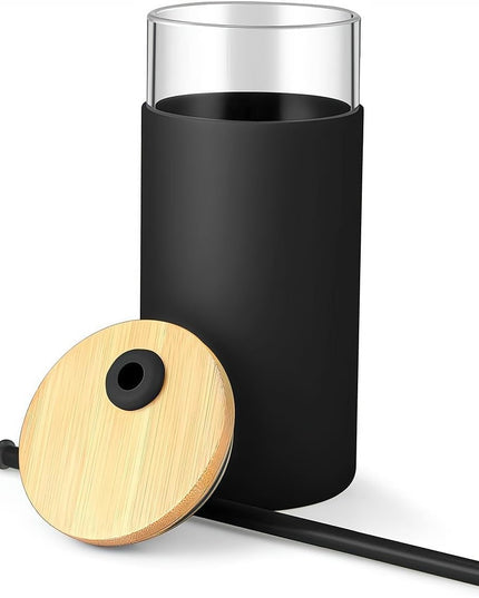 2 Pahare din Sticla Termoizolante Transparente, Capace si Paie Incluse, 500 mL, Silicon