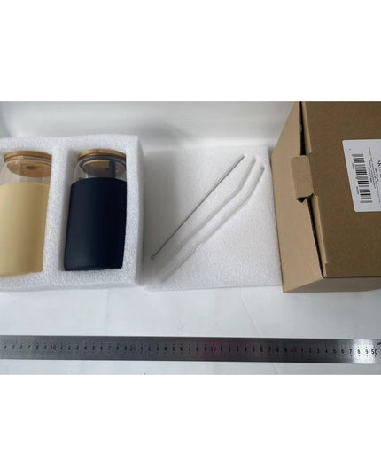 2 Pahare din Sticla Termoizolante Transparente, Capace si Paie Incluse, 500 mL, Silicon