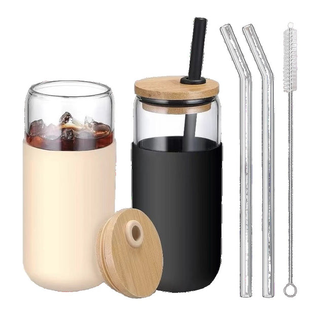 2 Pahare din Sticla Termoizolante Transparente, Capace si Paie Incluse, 500 mL, Silicon