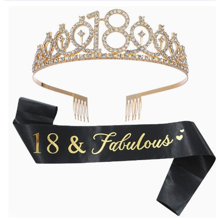 2 Piese pentru Majorat,Coronita Printesa Gold si Panglica 18&Fabulous